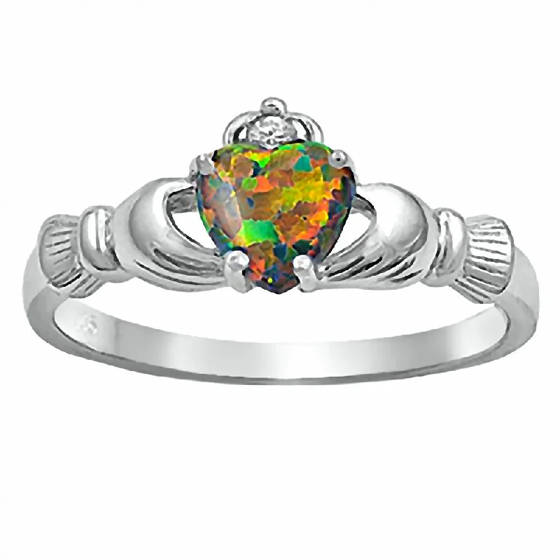 men’s style rings for women -Jacelyn: 0.765ct Australian Black Opal Heart Claddagh Ring 925 Silver