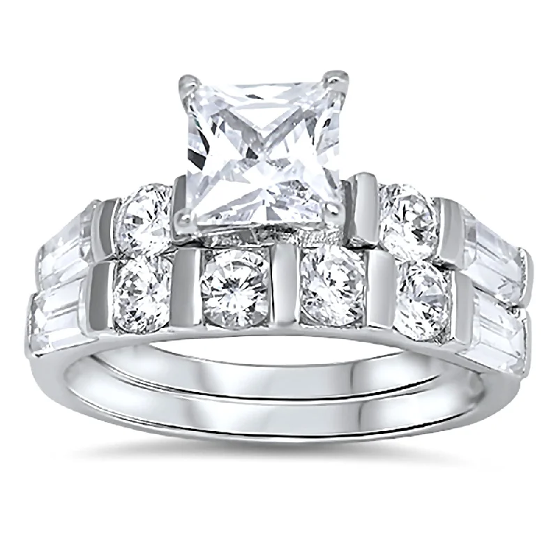 eternity wedding rings -Kara: Princess Cut Ice on Fire CZ Womens 2pc Wedding Ring Set Sterling Silver