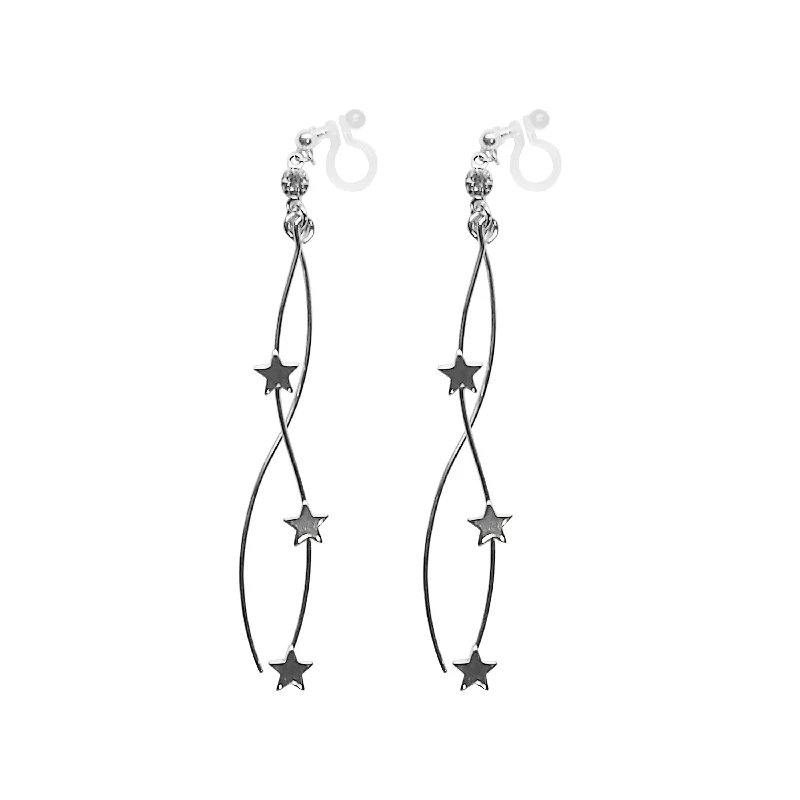 colorful earrings for women -Silver star wave bar dangle invisible clip on earrings