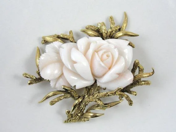 1900s Carved Angel Skin Coral Rose Brooch