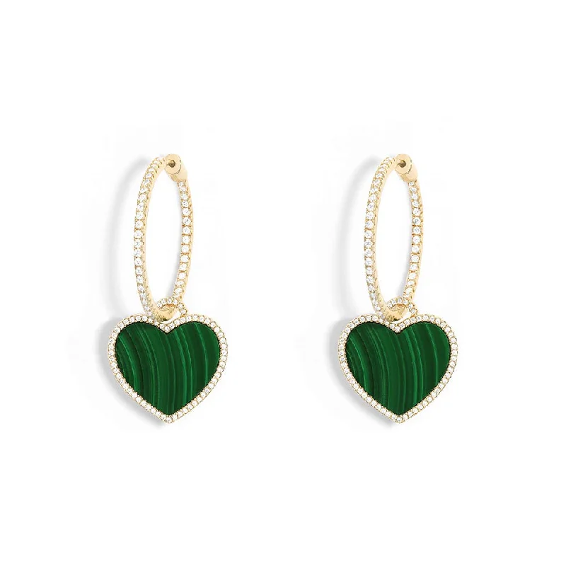 dangle earrings for women -Pavé Hoop Earrings with Malachite Heart