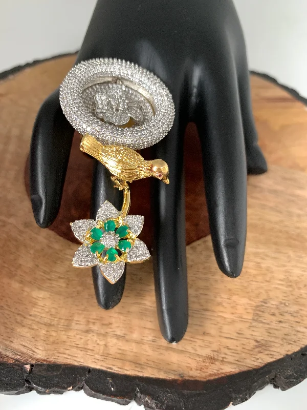 white gold rings for women -AD Birds Nest Design Green Stone Ring