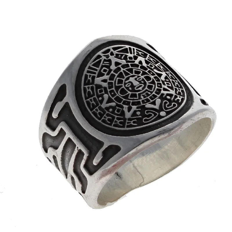 diamond solitaire rings -Mens Aztec Calendar Ring