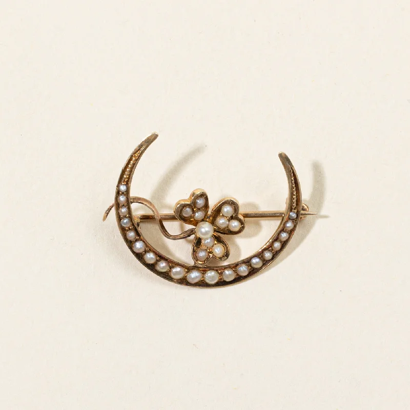 Pearl Crescent Moon & Clover Brooch