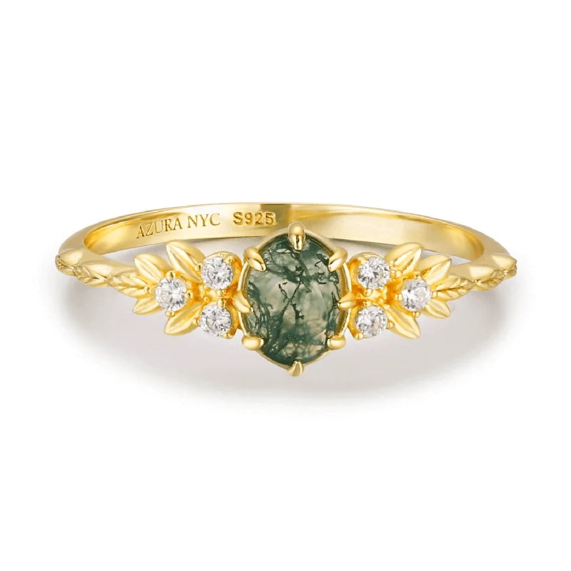 layered gold necklaces for women -Wildflower Moss Agate Ring (Yellow Gold)©