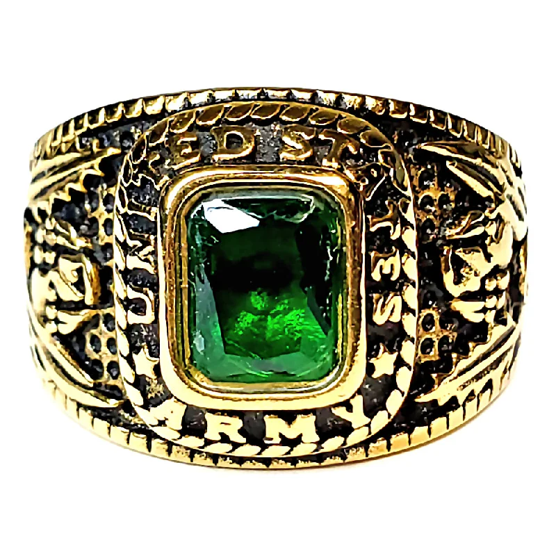 vintage diamond rings -Mens Simulated Emerald US Army Gold-Tone Stainless Steel Military Ring