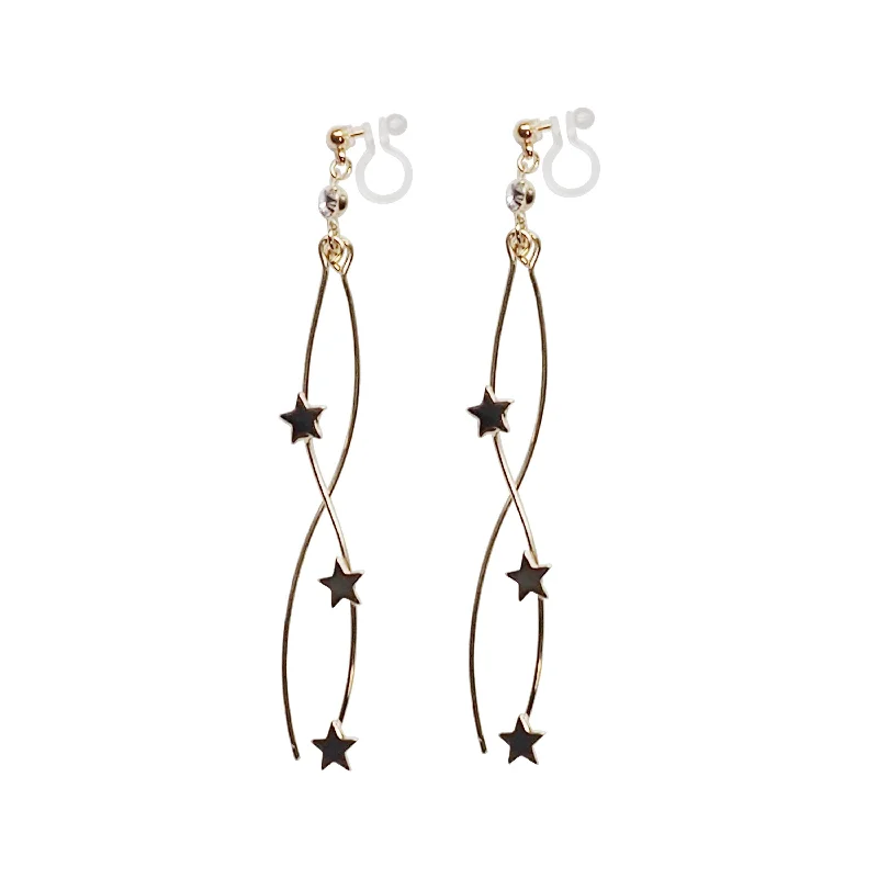 luxurious gold earrings for women -Gold star wave bar dangle invisible clip on earrings