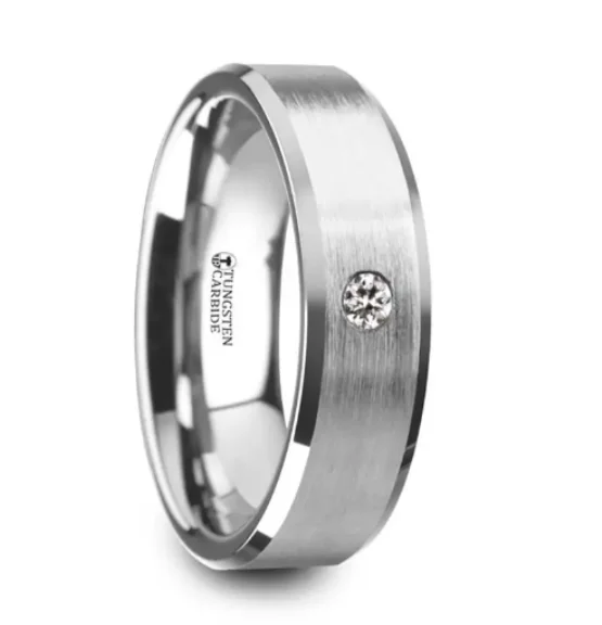 vintage-style necklaces for women -PORTER Brushed Finish Tungsten Ring with White Diamond Setting and Beveled Edges