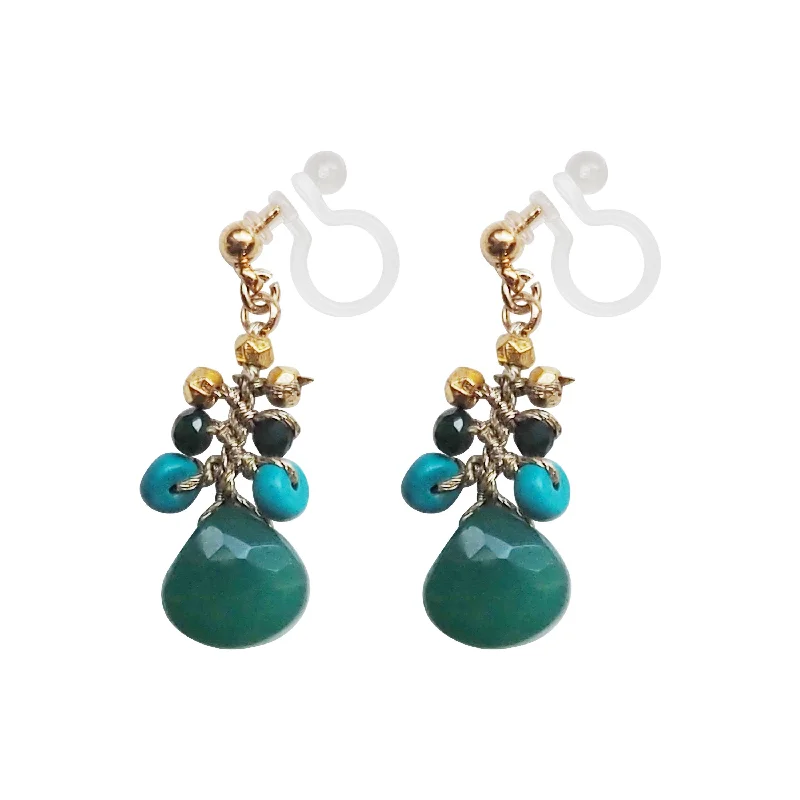 pearl stud earrings for women -Emerald Green Chalcedony Invisible Clip On Earrings