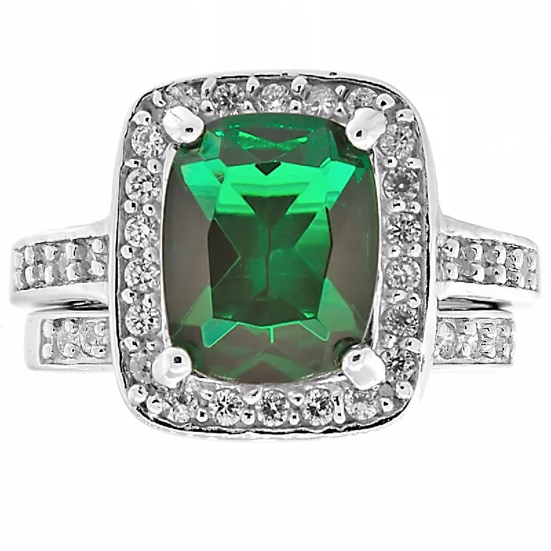 colorful rings for women -Esadowa: 3.43ct Emerald-cut Emerald Ice CZ 2 Piece Wedding Ring Set