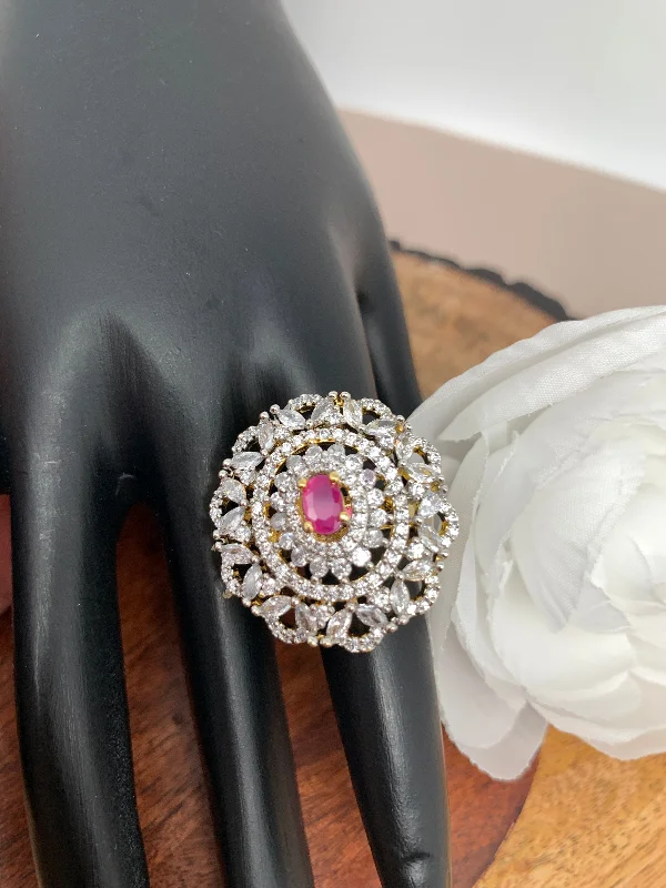 elegant engagement rings -AD Ruby Red Stone Round Ring