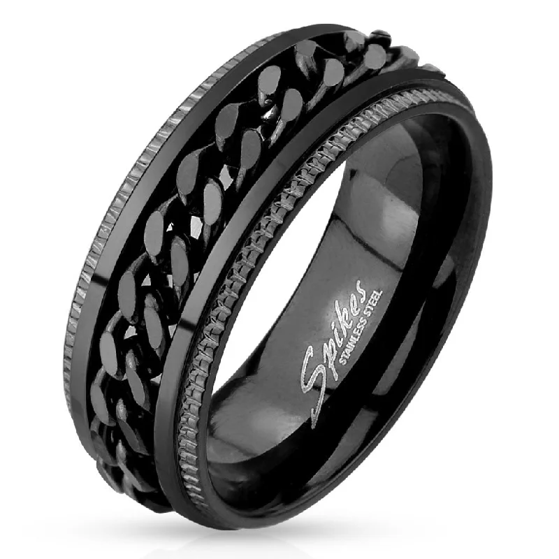 simple gold rings for women -Ryker: Grooved Edge Chain Center Spinner Mens Ring 316 Stainless Steel Black Tone