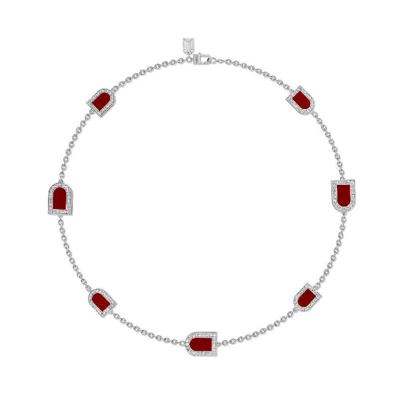 minimalistic silver necklaces for women -L'Arc Voyage Necklace, 18k White Gold with 4 MM and 3 GM Motifs, with DAVIDOR Bordeaux Lacquered Ceramic and Galerie Diamonds