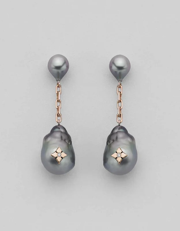 hoop earrings for women -BALL AND CHAIN TAHITIAN PEARL CLOVER INLAY EARRINGS