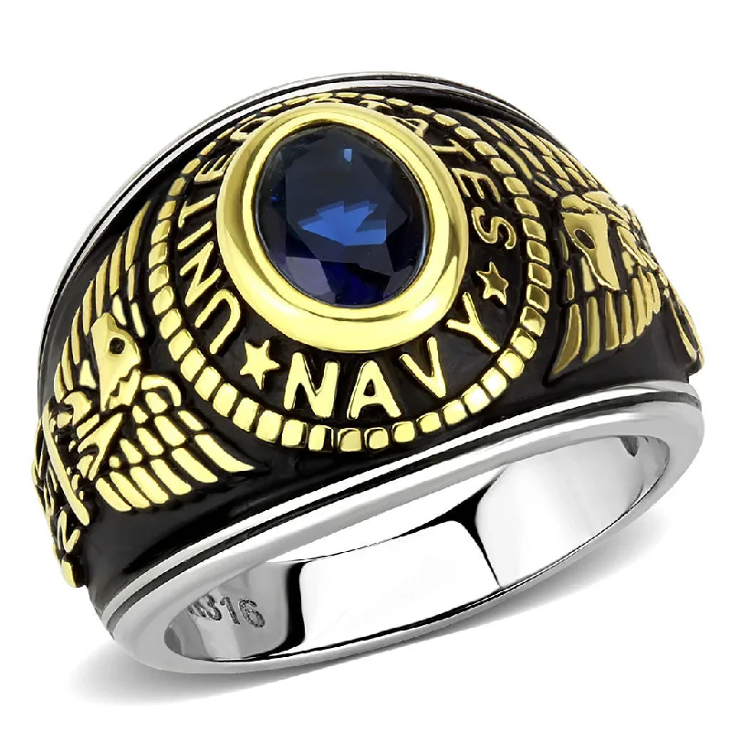 white gold rings for women -Unisex Simulated Blue Sapphire US Navy Two-Tone Stainless Steel Ring