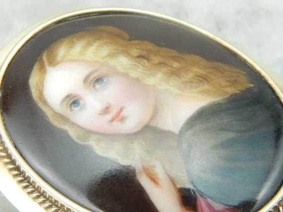 Antique Painted Portrait Cameo Gold Brooch Pendant