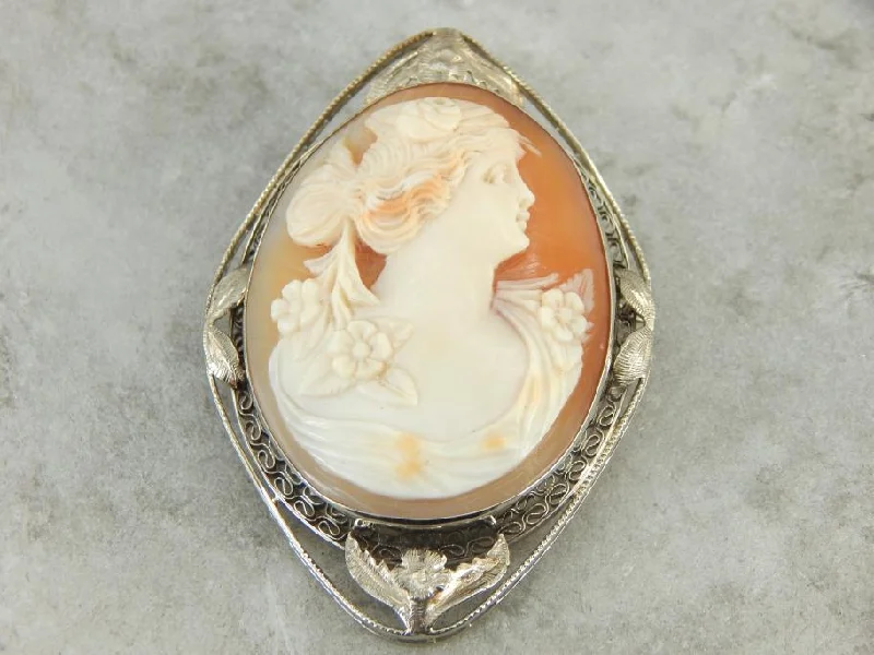 Floral Framed Flower Lady Cameo Pendant or Brooch