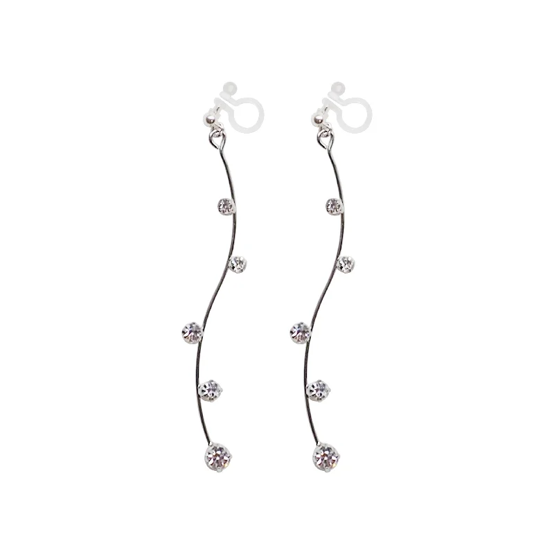 minimal earrings for women -Silver waved bar rhinestone crystal dangle invisible clip on earrings