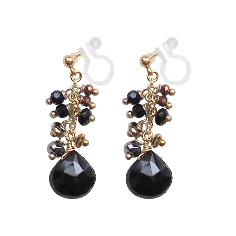 chic drop earrings for women -Black Teardrop Chalcedony Invisible Clip On Earrings