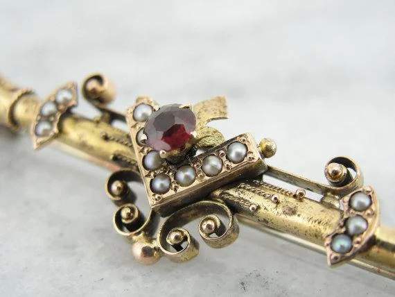 Gothic Victorian Garnet and Pearl Gold Bar Pin Brooch