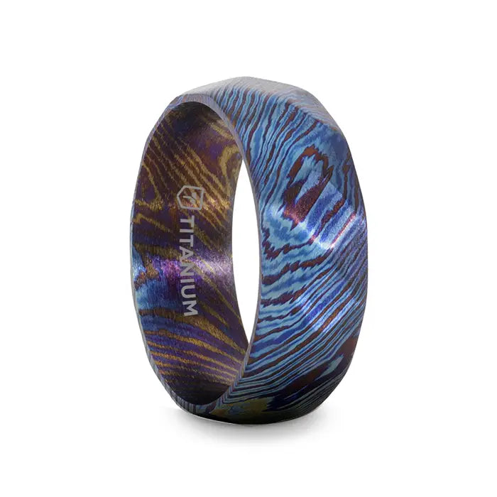 luxurious necklaces for women -TYRIAN Brushed Titanium Ring with Blue and Purple Wavy Design - 8mm