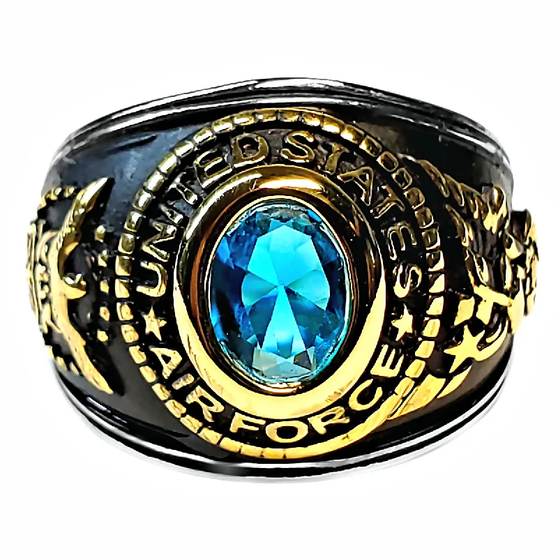 gold promise rings -Unisex Simulated Swiss Blue Topaz US Air Force Two-Tone Stainless Steel Ring