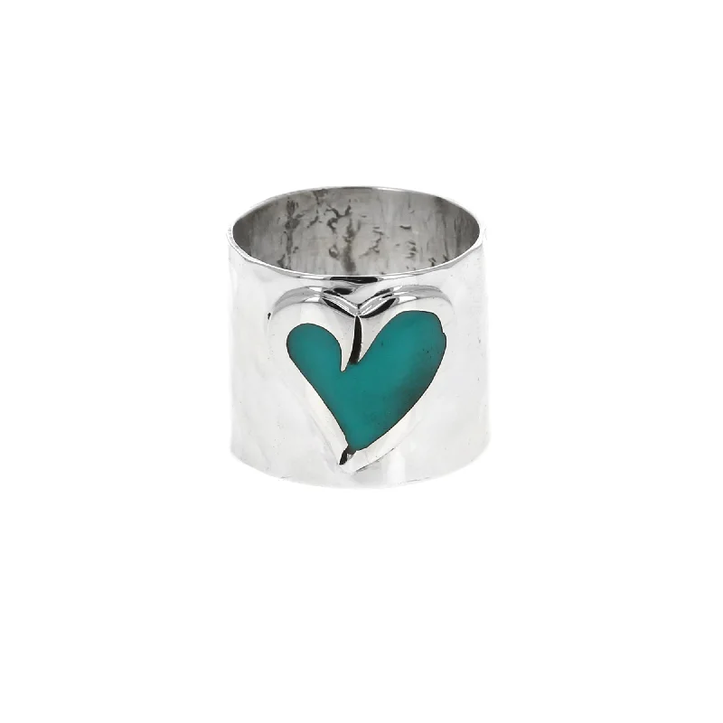 custom gold rings -Turquoise Hammered Heart Outline Ring