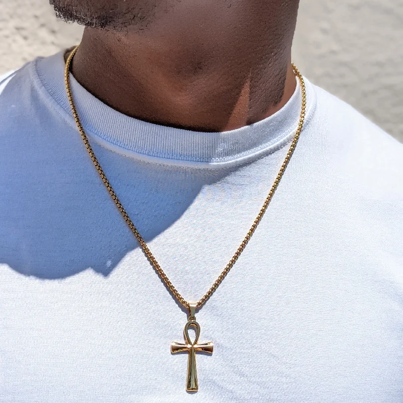 fashion gold necklaces for women -Men's Gold Ankh Necklace