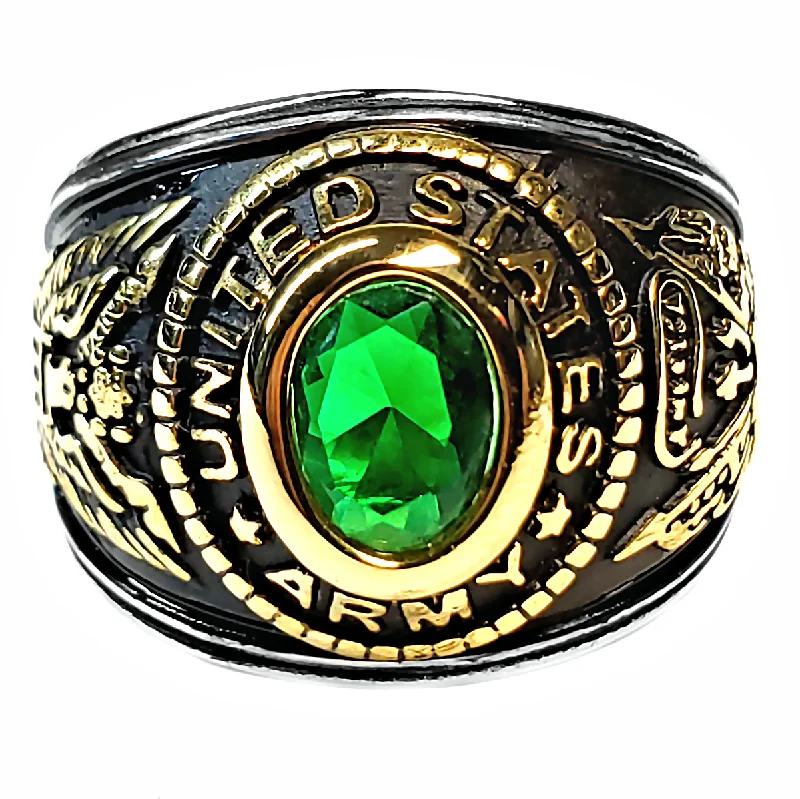 silver engagement rings -Unisex Simulated Emerald US Army Two-Tone Stainless Steel Ring