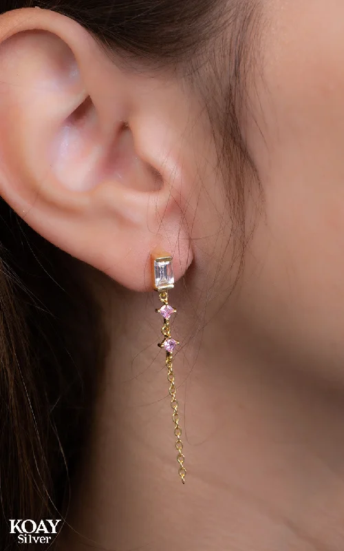 stylish gemstone earrings for women -Zircon Pink Chain Earring