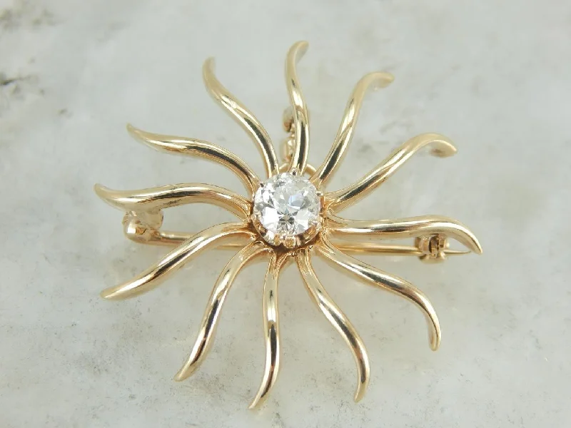 Diamond Sun Pendant or Brooch in Yellow Gold