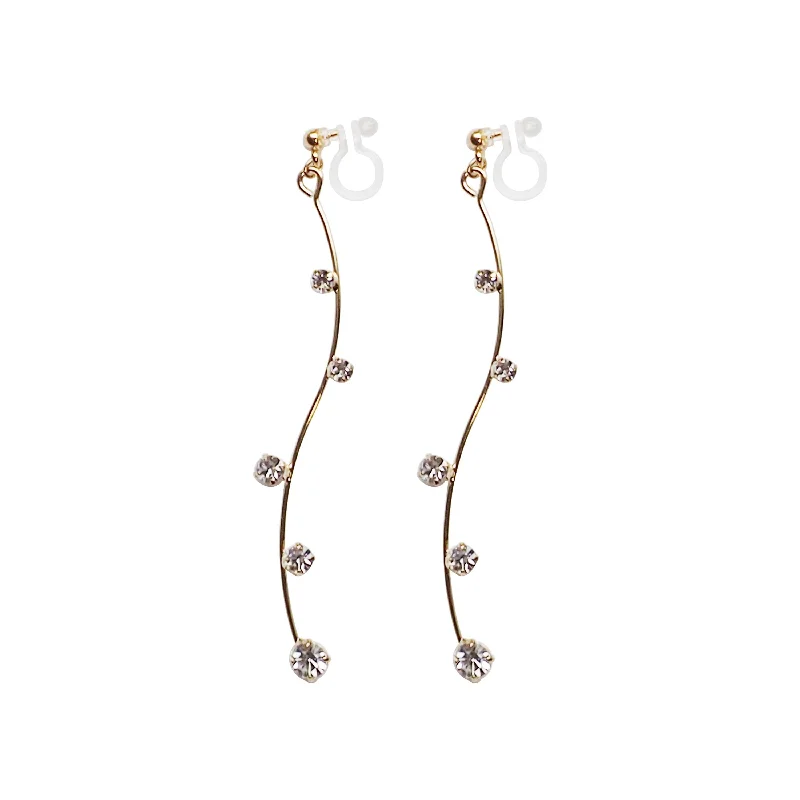 handmade earrings for women -Gold waved bar rhinestone crystal dangle invisible clip on earrings