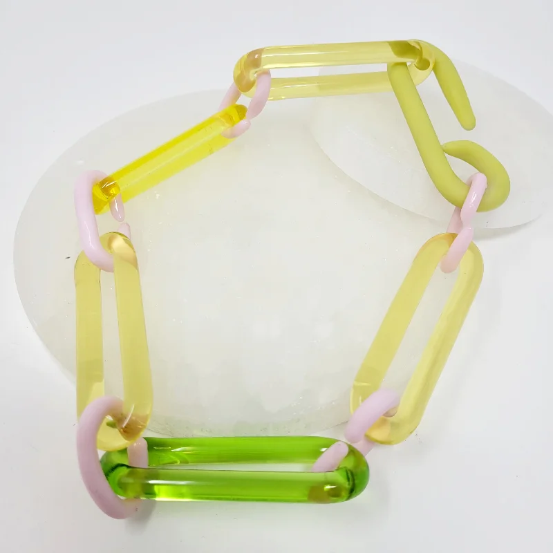 personalized necklaces for women -Green and Pink Chunky Paperclip Glass Link Necklace