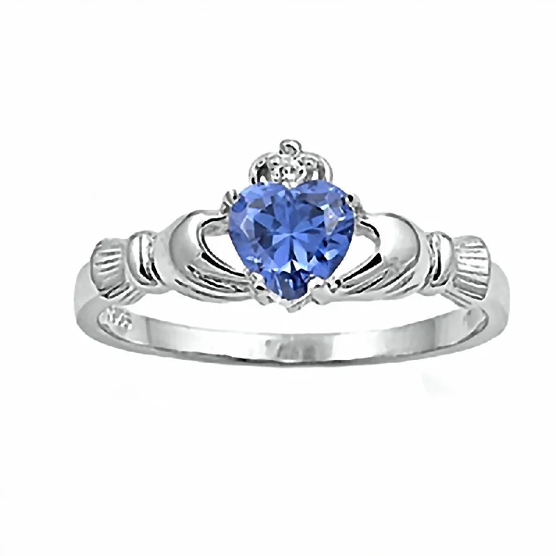 fashion gemstone rings -Innes: 0.765ct Heart cut Tanzanite Ice CZ Claddagh Ring Silver