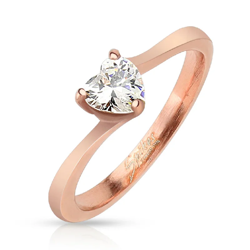 custom gold rings -Trixie: IOF CZ Heart Promise Ring 316 Stainless Steel Rose Gold Tone