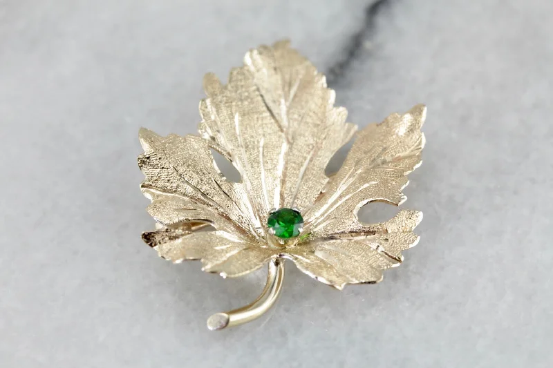 Golden Leaf Brooch with Demantoid Garnet Center