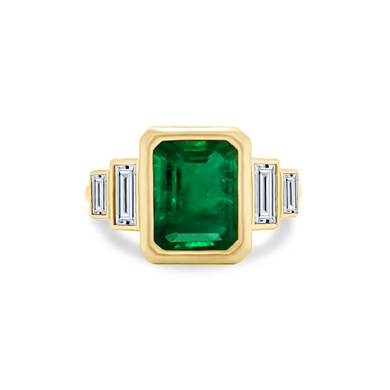 gold necklaces for women -Bezel Set Emerald Cut Emerald with Double Baguette Cut Diamond Side Stones