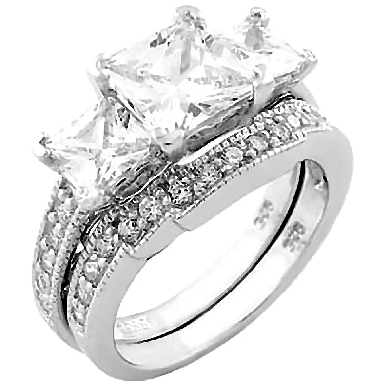 gold statement rings -Shekira: 3.9ct Princess Cut 3 Stone Russian Ice CZ Wedding Ring Set