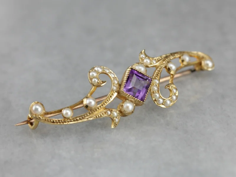 Art Nouveau Amethyst Seed Pearl Brooch