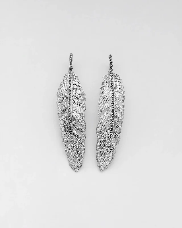 chic drop earrings for women -Structured Black Diamond Feather Earrings