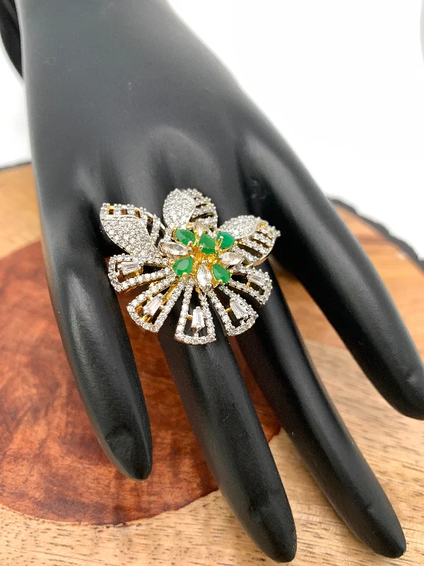 stackable diamond rings -AD Green Stone Floral Ring