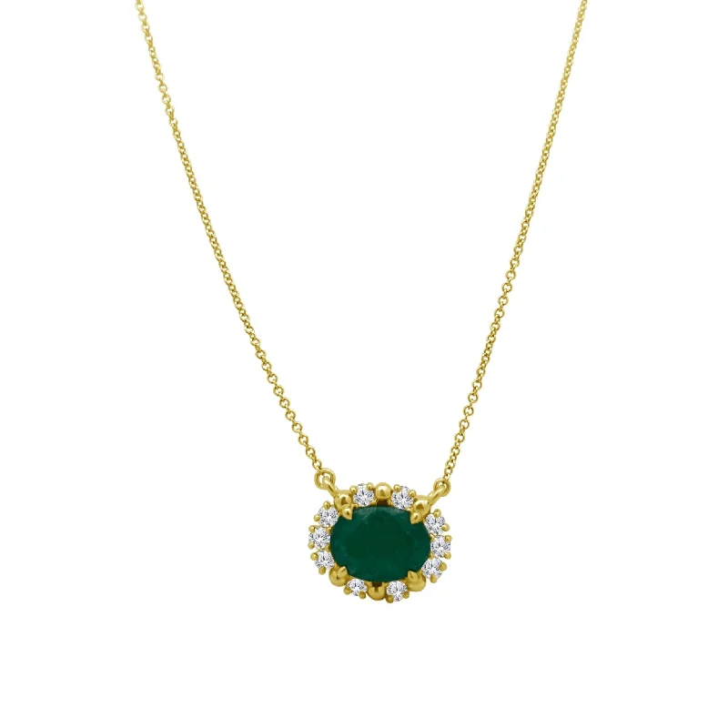 wedding pendant necklaces for women -Oval Emerald with Diamond and Gold Bead Halo Necklace