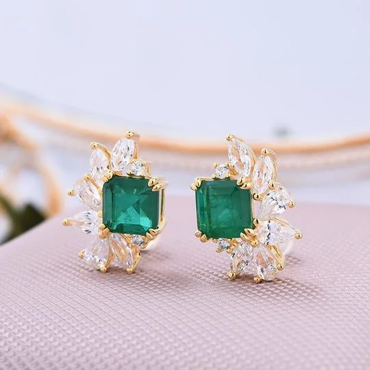 boho earrings for women -Flower Design Princess Cut Emerald Green Sterling Silver Stud Earrings