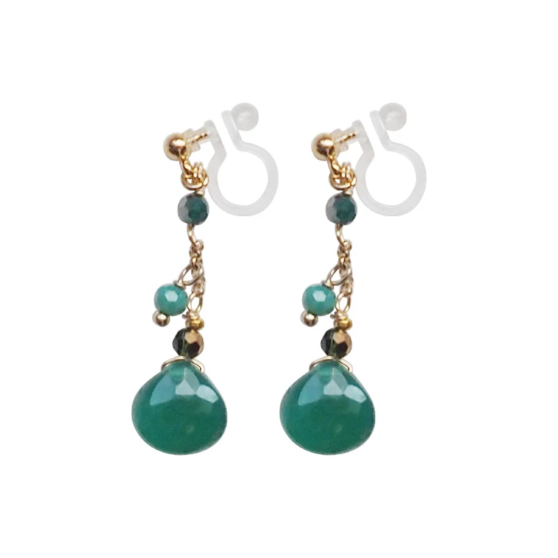 butterfly earrings for women -Teardrop Green Chalcedony Invisible Clip On Earrings