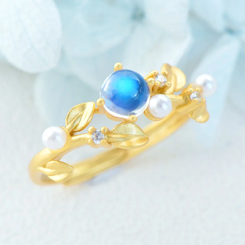 stackable rings for women -Chic Womens Gold Plated Sterling Silver Blue Moonstone Ring For Women