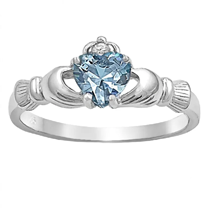 diamond solitaire rings -Kandice: 0.765ct Heart cut Aquamarine Claddagh Ring Sterling Silver