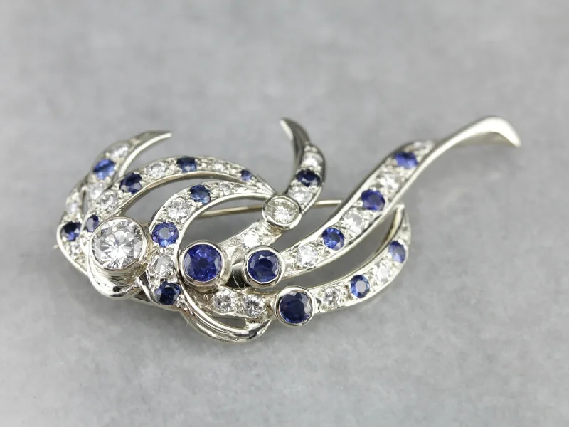 Retro Era Diamond and Sapphire Cocktail Brooch