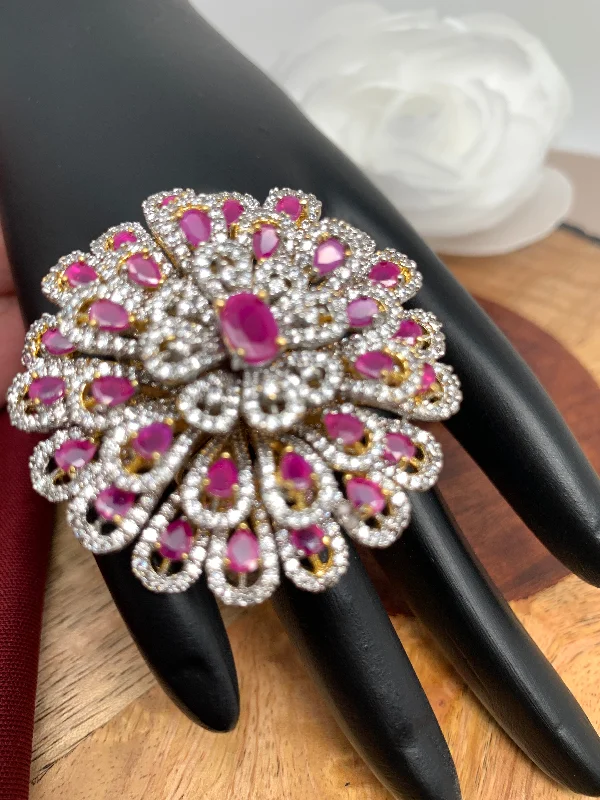 luxury rings for brides -AD Red Stone Three Layer Floral Ring