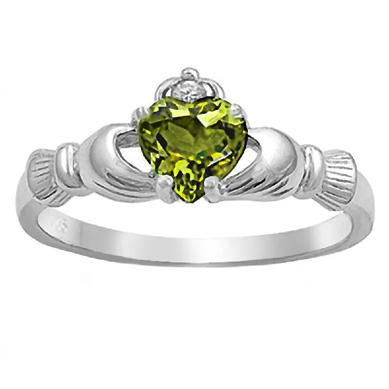 twisted rings for women -Liadan: 0.765ct Heart cut Peridot Ice CZ Claddagh Ring Silver