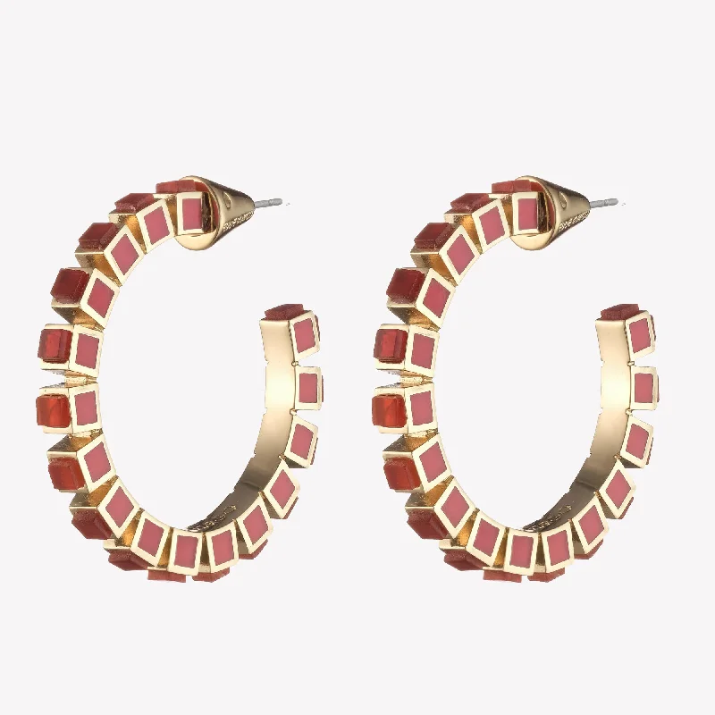 elegant earrings for women -SMALL INLAID CUBE HOOPS - CARNELIAN